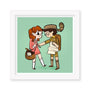 Lauren Greggs limited edition illustration showcases two charming characters: a red-haired figure in a pink dress with flowers and another in a scout uniform with glasses and a map, set against a vibrant green background with a peeking brown bag. The archival pigment print ensures lasting quality.
