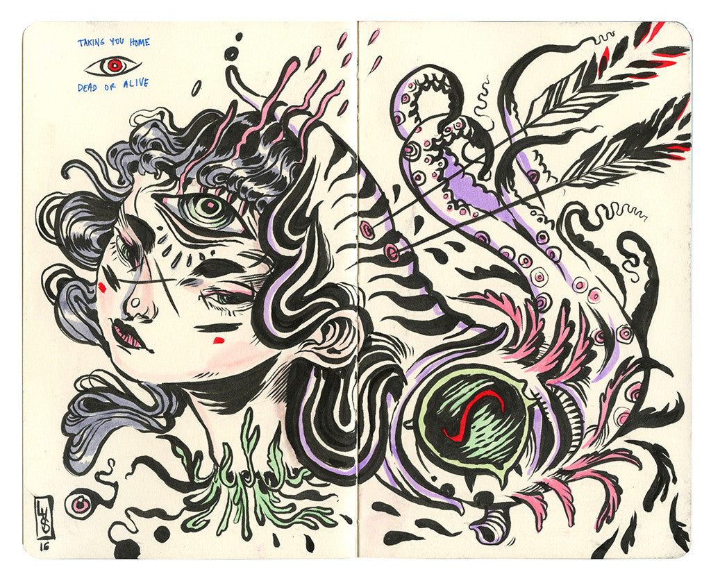A Lauren YS surreal piece features a womans head with a third eye, her flowing hair intertwining into abstract lines and feather-like shapes. Beside an eye drawing, the text reads Taking you home dead or alive. It uses black, red, and purple on a cream background.