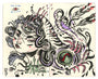 A Lauren YS surreal piece features a womans head with a third eye, her flowing hair intertwining into abstract lines and feather-like shapes. Beside an eye drawing, the text reads Taking you home dead or alive. It uses black, red, and purple on a cream background.