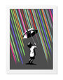 This captivating Eelus 3D Lenticular print features a signed, numbered, custom-framed artwork of a black-and-white child with an umbrella gazing at rain-like vibrant diagonal lines on a gray backdrop.