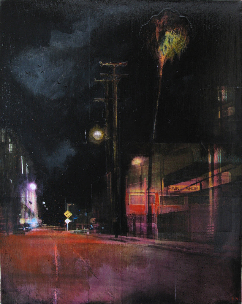 In a dark urban street scene at night, dramatic lighting illuminates the deserted road. A Paint Shop sign glows in the background like an acrylic stroke, while colorful streetlights evoke a Liz Brizzi photo collage against a tall pole and cloudy sky.