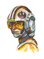 A watercolor by Tim Doyle features a character in a sci-fi pilot uniform, echoing Rebel Rebel. The pilot wears a white helmet adorned with red/yellow details and orange visors, showcasing a red emblem. The determined expression against a white background makes it perfect for a fine art giclee print.