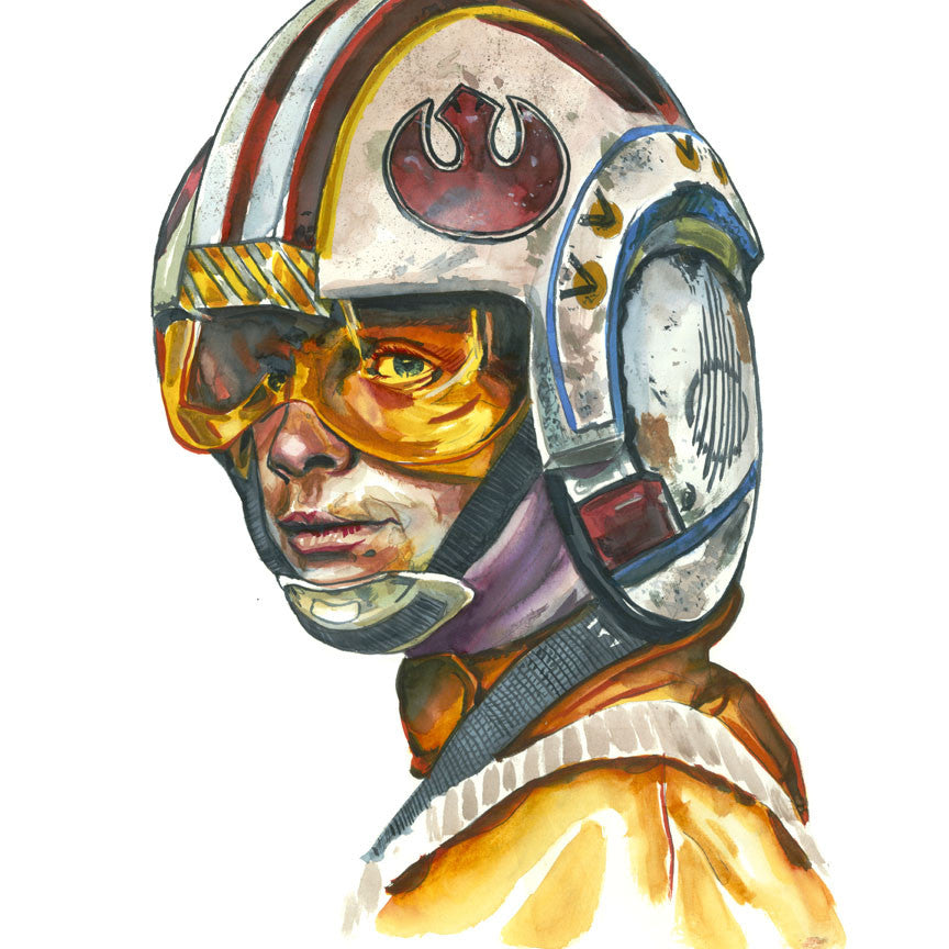 A watercolor by Tim Doyle features a character in a sci-fi pilot uniform, echoing Rebel Rebel. The pilot wears a white helmet adorned with red/yellow details and orange visors, showcasing a red emblem. The determined expression against a white background makes it perfect for a fine art giclee print.