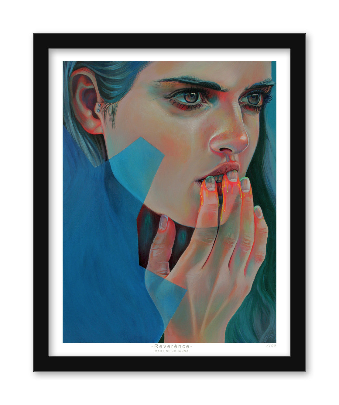 Martine Johannas artwork features a thoughtful person with long hair, covering their mouth with a hand painted in vibrant shades. Abstract blue shapes fill the background. Its offered as a fine art archival digital print, elegantly framed in black.