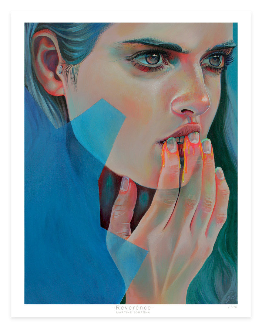 Martine Johannas fine art archival digital print portrays a person with intense eyes gazing sideways, their hands covering their mouth. Vivid blue, orange, and pink enhance the surreal effect, with an abstract geometric shape overlaying the image. Its all safeguarded by UV-resistant plexiglass.