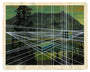 A landscape painting of mountains and trees near Naches Peak features white geometric lines forming boxes and grids, creating a surreal and layered effect. The artwork blends nature with abstract geometry, resembling a Mary Iverson piece.