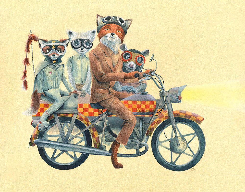 Fantastic Bandits by Maryanna Holloman features four whimsical anthropomorphic animals as bikers on a motorcycle. A fox drives, and the others are passengers, all in quirky outfits and goggles. This open edition is an archival pigment print set against a plain background.