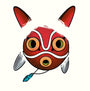 Joshua Budichs limited edition illustration features a vibrant red mask with large eyes and ears, resembling a stylized animal face. Enhanced with white details and a blue-green pendant, this captivating screenprint is both unique and striking.
