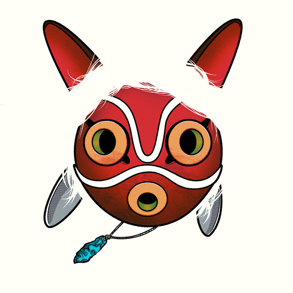 Joshua Budichs limited edition illustration features a vibrant red mask with large eyes and ears, resembling a stylized animal face. Enhanced with white details and a blue-green pendant, this captivating screenprint is both unique and striking.