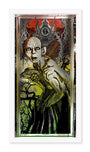 A surreal archival pigment print by Matt Dye depicts a Sméagol-like humanoid holding a fish, set against abstract designs in red, green, and yellow hues with a central eye symbol and branches at the bottom.