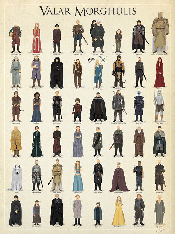 Max Daltons illustrated fine art giclee poster titled Valar Morghulis includes 36 characters from a fantasy series, each uniquely dressed and accessorized in a grid format, with a direwolf illustration at the lower left.