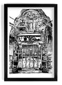 Black and white illustration featuring a large, rugged vehicle with various adornments, including spikes and skulls. Behind the vehicle, theres a rock formation with a carved skull face and waterfalls. The image is framed.