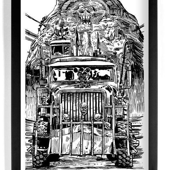 Black and white illustration featuring a large, rugged vehicle with various adornments, including spikes and skulls. Behind the vehicle, theres a rock formation with a carved skull face and waterfalls. The image is framed.