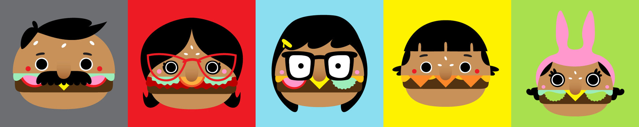 Five cartoon hamburger faces with unique hairstyles and glasses on colorful backgrounds, paired with accessories like a mustache or pink bunny hat. Created by Michelle Romo, the layered paper on wood captures the diverse personalities in a style reminiscent of a Bobs Burgers art show.