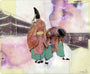 This mixed media masterpiece by Mike Dringenberg, reminiscent of Genji tales, depicts two figures in traditional attire and black hats—one standing, one bowing—against a watercolor background. An Asian-inspired building completes the scene.