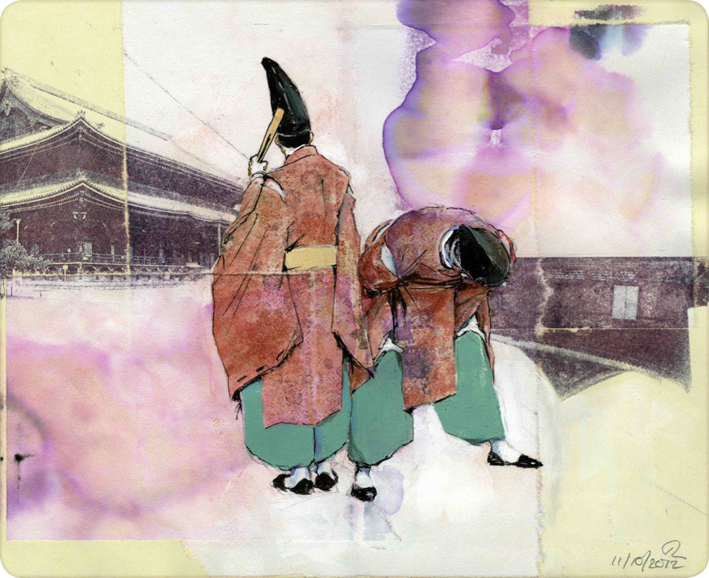 This mixed media masterpiece by Mike Dringenberg, reminiscent of Genji tales, depicts two figures in traditional attire and black hats—one standing, one bowing—against a watercolor background. An Asian-inspired building completes the scene.