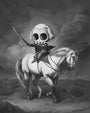 Renowned artist Mike Mitchell presents a giclee print featuring George Skullington, a large-skulled figure in a suit with a sword, riding through a desolate, cloudy landscape with debris and signs on his white horse in grayscale.