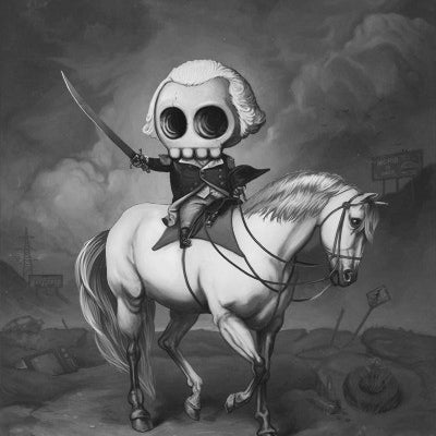Renowned artist Mike Mitchell presents a giclee print featuring George Skullington, a large-skulled figure in a suit with a sword, riding through a desolate, cloudy landscape with debris and signs on his white horse in grayscale.