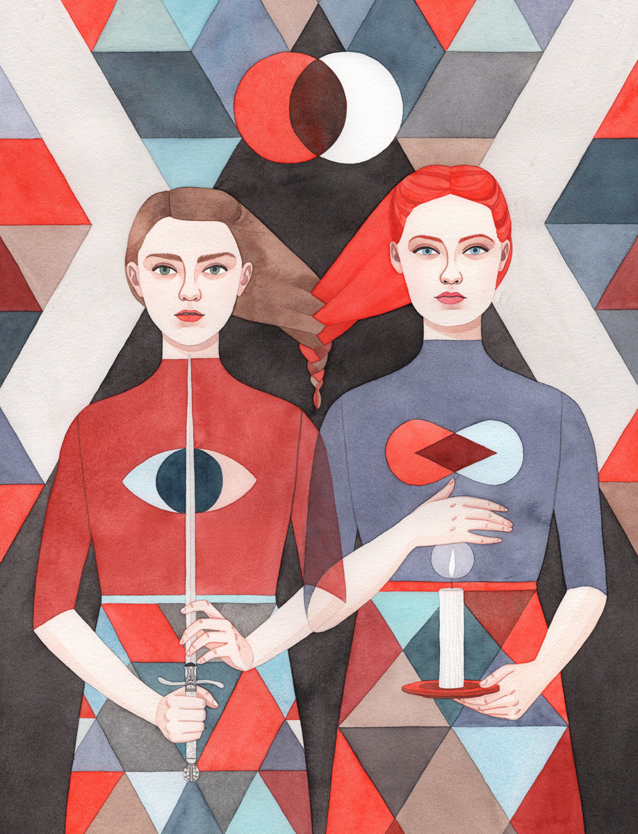 Inspired by Monica Garwood, this illustration shows two women in geometric outfits holding symbolic objects—a sword on the left and a candle on the right. Above them hovers a celestial body with a colorful triangular pattern, reminiscent of the Sisters watercolor at Spoke Art Gallery.
