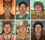 Six paintings from Casey Weldons Murray Time series showcase the same middle-aged person in different outfits and settings: fox headdress, patterned shawl, coonskin cap and scout uniform, swing with red top, cowboy hat with neckerchief, and beret in an outdoor scene.