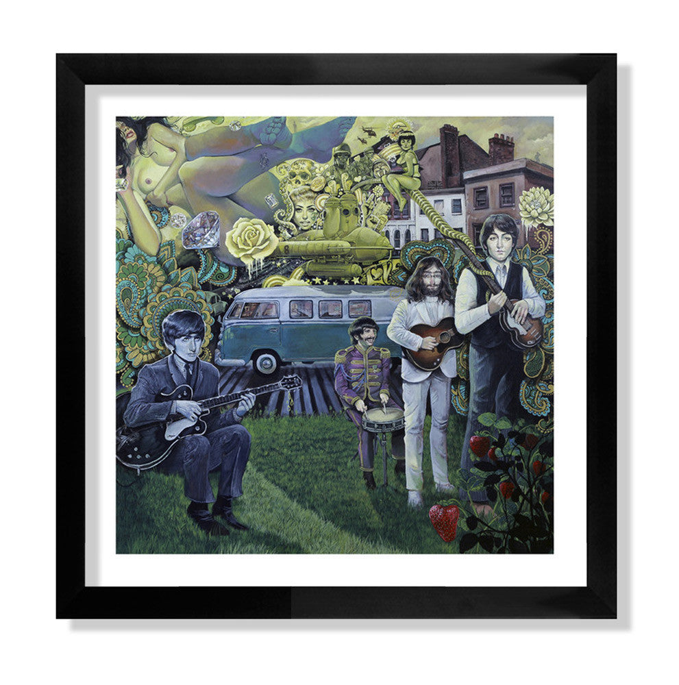 A framed fine art giclée print by Serge Gay Jr. shows four men with guitars and a drum in vintage clothing against a surreal background of swirling psychedelic patterns, figures, flowers, and a bus, with vivid colors similar to Mystery of Love.
