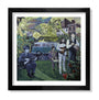 A framed fine art giclée print by Serge Gay Jr. shows four men with guitars and a drum in vintage clothing against a surreal background of swirling psychedelic patterns, figures, flowers, and a bus, with vivid colors similar to Mystery of Love.