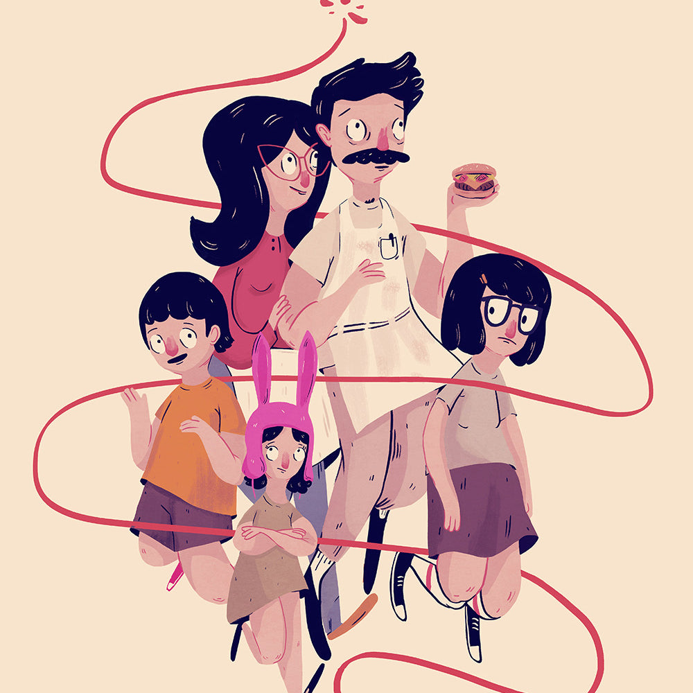 Nan Lawsons stylized illustration of The Belchers from an animated show features the father holding a burger, surrounded by a woman and three children with unique expressions. A red ribbon forms a heart above them—ideal for custom framing to complement this fine art archival digital print.