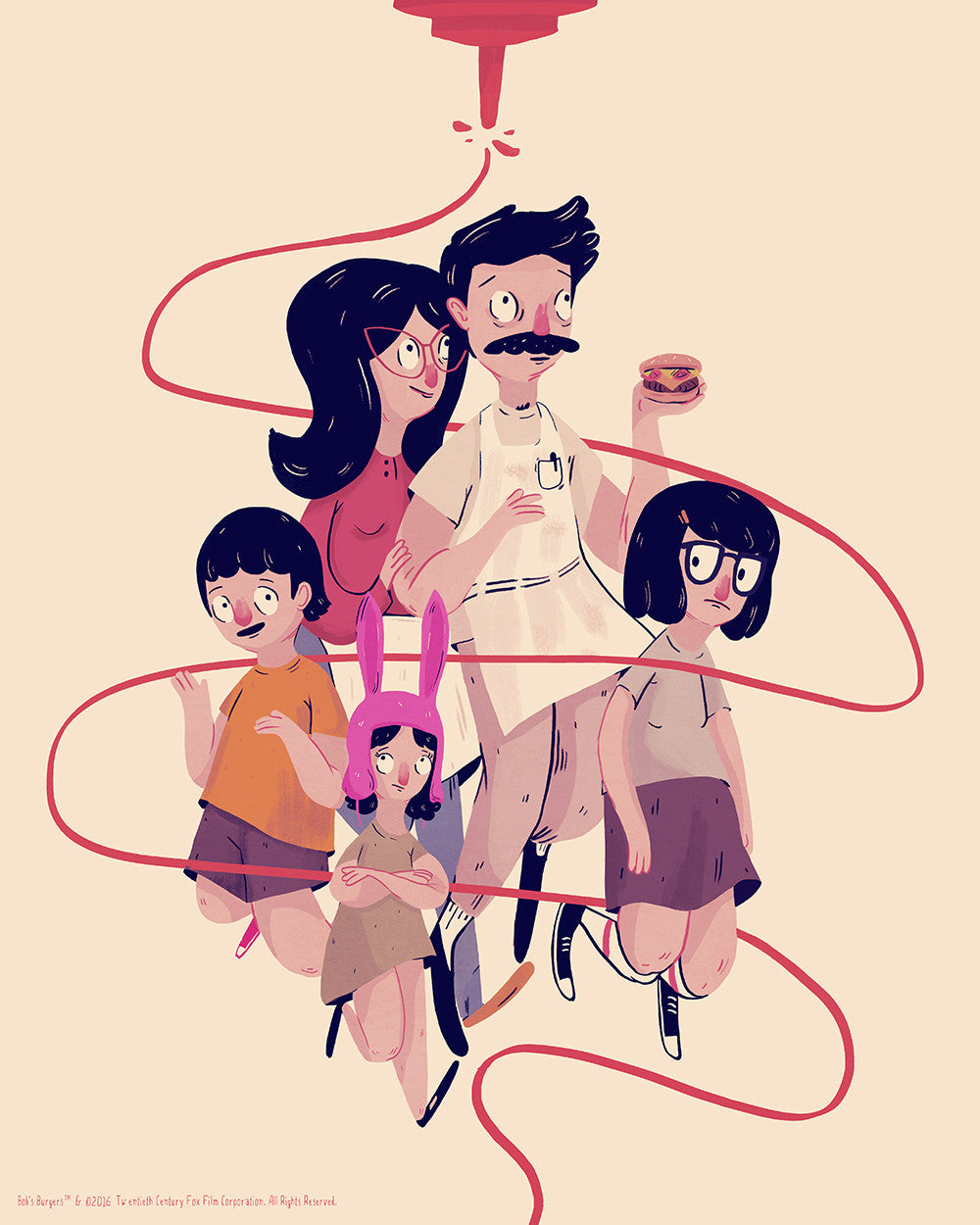 Nan Lawsons stylized illustration of The Belchers from an animated show features the father holding a burger, surrounded by a woman and three children with unique expressions. A red ribbon forms a heart above them—ideal for custom framing to complement this fine art archival digital print.