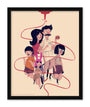 Stylized cartoon illustration of the Belchers family by Nan Lawson, featuring a sealed ketchup bottle pouring overhead and surrounded by a swirling red line. This fine art digital print on a beige background is perfect for custom framing.