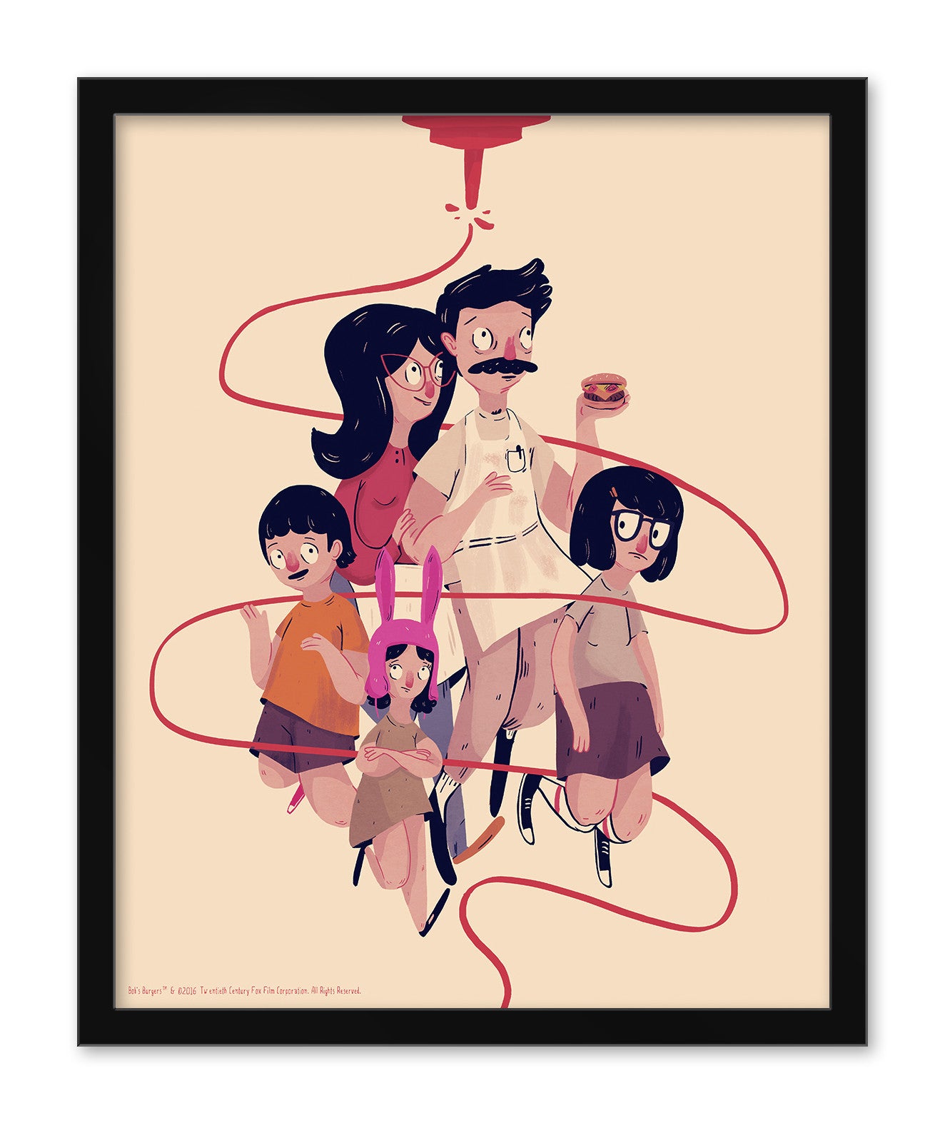 Stylized cartoon illustration of the Belchers family by Nan Lawson, featuring a sealed ketchup bottle pouring overhead and surrounded by a swirling red line. This fine art digital print on a beige background is perfect for custom framing.