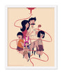 Nan Lawsons illustration of the Belchers showcases two adults and three kids in playful poses encircled by a red heart-shaped line. The father holds a burger with pride. This fine art archival digital print comes with custom framing options for your ideal display.