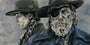An illustrated image features a young person with a wide-brimmed hat and braids next to an older individual in cowboy attire with an eye patch. In Nick Comparones Quentin vs Coen style, they face opposite directions on a textured background adorned with faint stencil collage patterns.