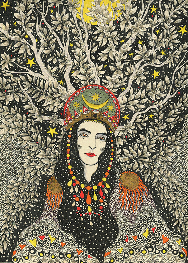 An illustration of a woman with an ornate headdress and jewelry amidst intricate foliage, stars, and a crescent moon. Echoing Cassandra’s Evening, it features detailed swirling patterns merging nature and celestial motifs in Daria Hlazatovas pen-and-ink style.