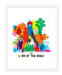 Nick Stokes vibrant abstract illustration, Lord of the Coloring, features elements inspired by The Lord of the Rings on a white background. Printed as an archival pigment print, it was exhibited at Spoke Art gallery with its title prominently displayed below.