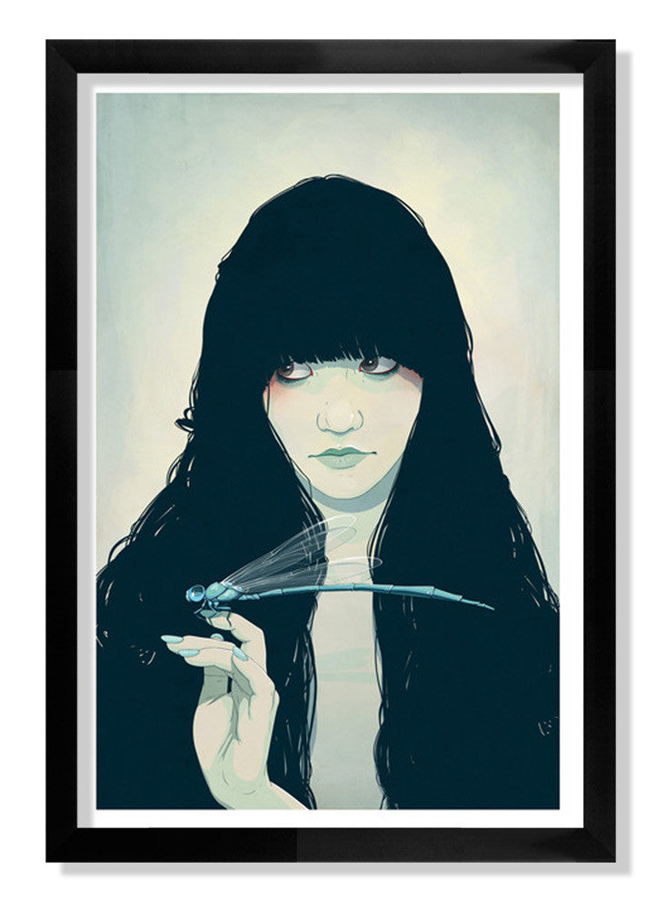 Jason Levesques illustration depicts a long-haired woman holding a lifelike dragonfly, featuring muted blue and green shades framed in black. Available as a signed and numbered fine art giclée print.