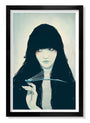 Jason Levesques illustration depicts a long-haired woman holding a lifelike dragonfly, featuring muted blue and green shades framed in black. Available as a signed and numbered fine art giclée print.