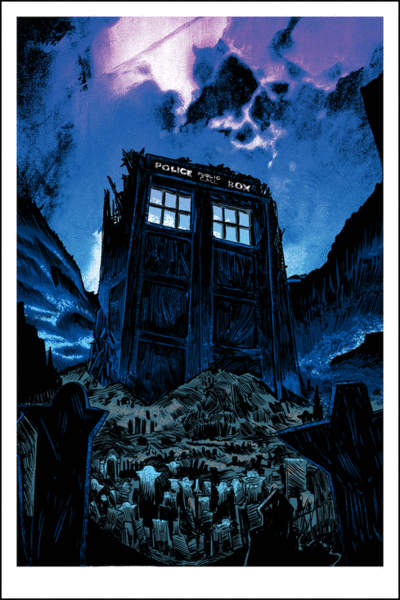 A weathered, tilted police box stands against a dramatic night sky of purple and blue hues. In the foreground, a graveyard with tombstones adds to the eerie atmosphere—evoking Tim Doyles screen print style reminiscent of the Dr. Who universe.