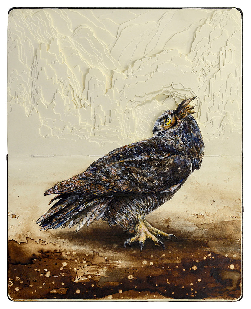 Brian Mashburn Owl ink gouache cut pages in Moleskine