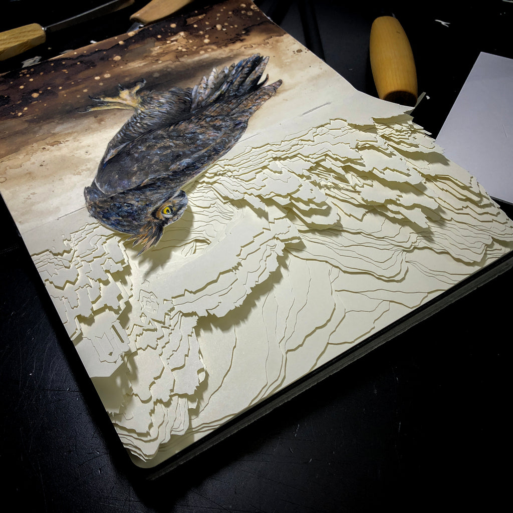 Brian Mashburn Owl ink gouache cut pages in Moleskine