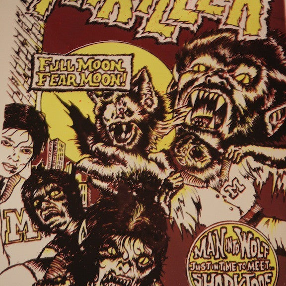 Shark Toof turns a comic-style horror poster into a fine art print, showcasing werewolves, a sharktopus, and someone in an M jacket. Featuring text like Thriller! and Full Moon, Fear Moon! this hand-printed piece is perfect for Shark Toof Thriller collectors.
