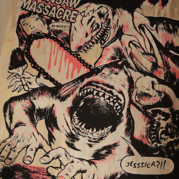 A comic-style image from Shark Toof Chainsaw Massacre shows a shark wielding a chainsaw confronting a scared person with dramatic text like JESSICA?! and WHO WILL SURVIVE AND WHAT. This striking print is in black, pink, and white.