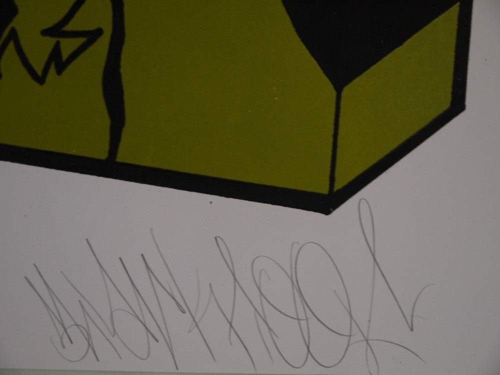 Close-up of a section of artwork with abstract black and yellow shapes, featuring an illegible cursive signature on a white background. This piece embodies the distinctive edge of Shark Toofs hand-printed fine art prints.