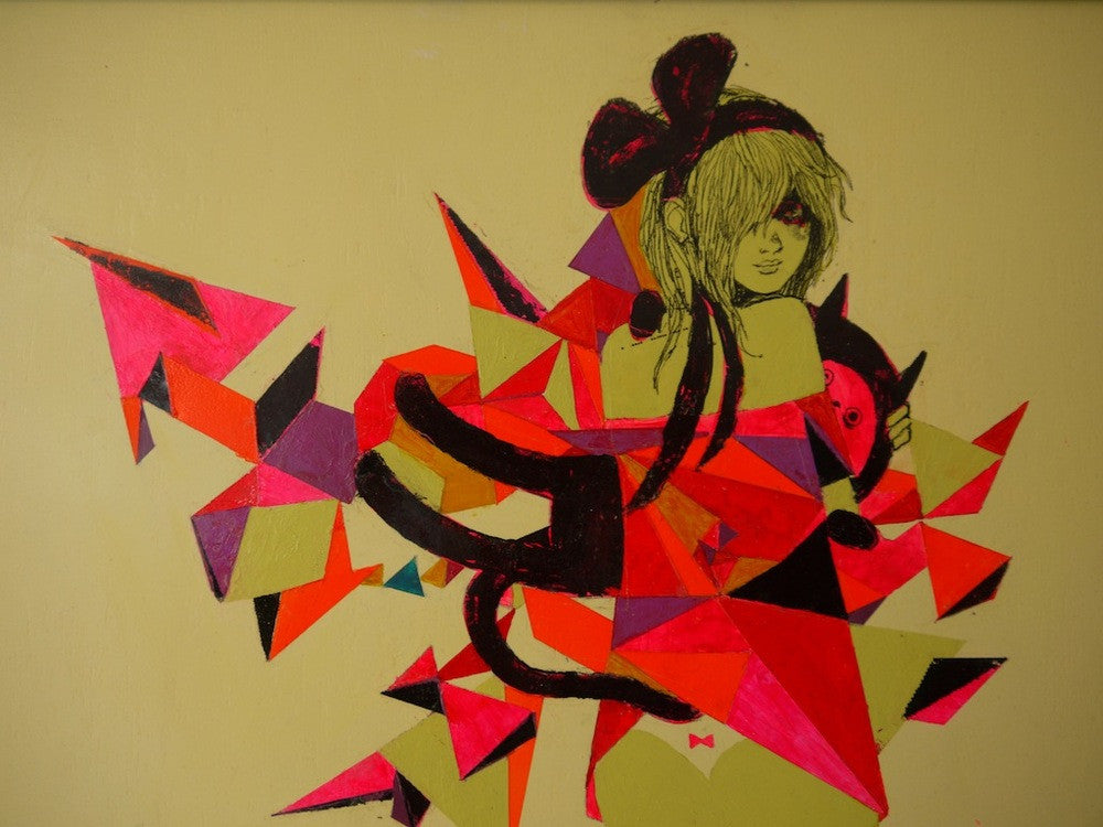 Barnaby Wards abstract artwork on masonite showcases a stylized figure with long hair amidst vibrant geometric shapes in pink, red, and orange. The muted background highlights the figure holding a dark object, which is partially obscured by the colorful pattern.