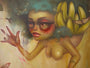 A surreal Tatiana Suarez artwork features a woman with exaggerated traits and bananas in her hair, surrounded by butterflies. Her focused expression against an earthy backdrop captures the vibrant essence of Chiclete Com Banana.