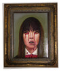 Acrylic on panel, this captivating Steven Daily painting portrays a woman with long hair and bangs, adorned with a red bow tie. Red tears grace her face within an ornate gold and black frame, set against a muted green backdrop.