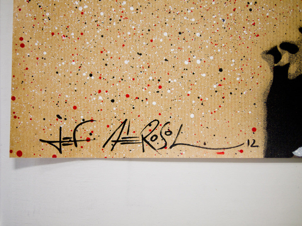 A detailed canvas shows an original red, white, and black stencil splatter design on a beige background. Signed by Jef Aérosol, it exudes a rebellious spirit reminiscent of Sid Vicious, with the number 12 nearby.