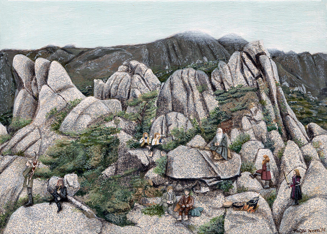 Paige Jiyoung Moons artwork presents a group of figures amid a rocky, mountainous landscape, with some sitting and others standing or walking. Sparse greenery dots the scene, while a small campfire adds warmth to the foreground against misty hills in this tribute piece.