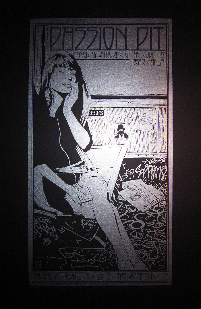 This limited edition black and white concert poster by Chuck Sperry features an illustrated woman enjoying music, with band names Passion Pit, Mayer Hawthorne & The County, and Bear Hands. Join the event on Saturday, April 17, 2010, at The Warfield in SF.
