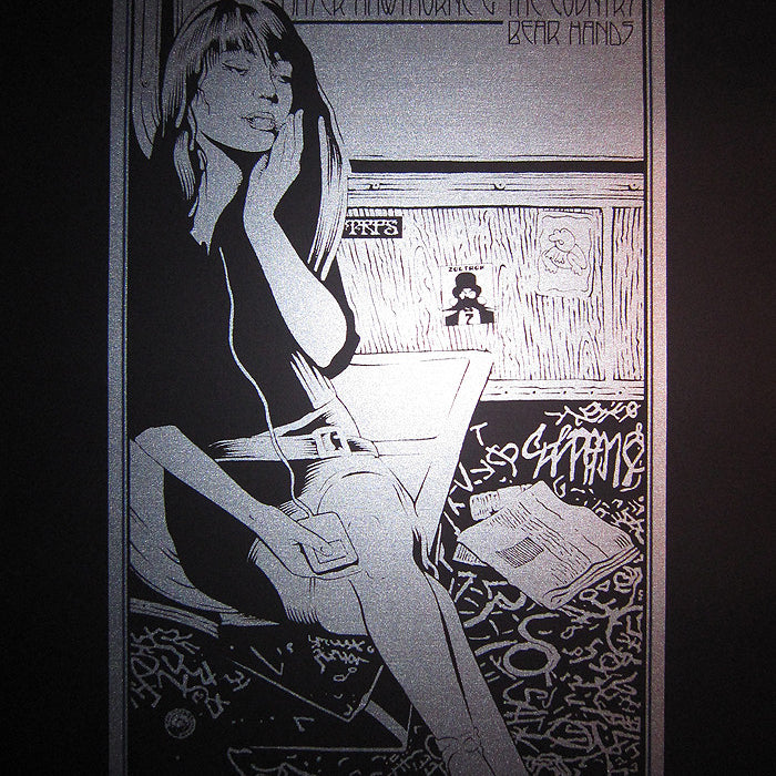 This limited edition black and white concert poster by Chuck Sperry features an illustrated woman enjoying music, with band names Passion Pit, Mayer Hawthorne & The County, and Bear Hands. Join the event on Saturday, April 17, 2010, at The Warfield in SF.