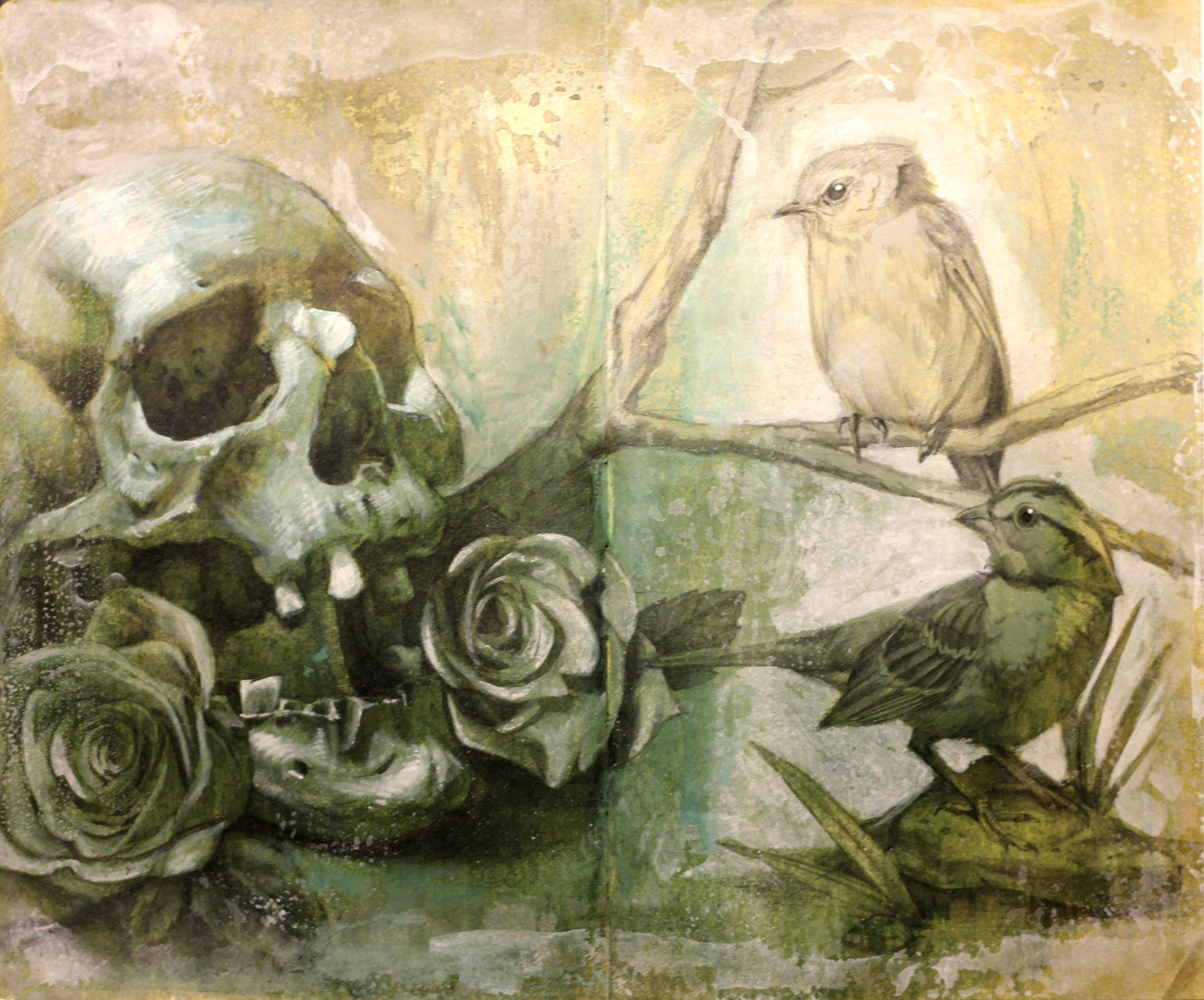 Patrick Mathews artwork on Moleskine displays a human skull next to two roses on the left, and two birds perched on a branch to the right. The scene, rendered in muted earthy tones with graphite and gouache, features a textured background that beautifully symbolizes deaths natural elegance.